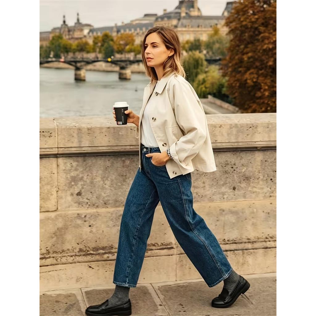 Women Lapel Collar Cropped Trench Jacket Single‑Breasted Long Sleeve Loose Casual Short Windbreaker Outerwear With Pockets