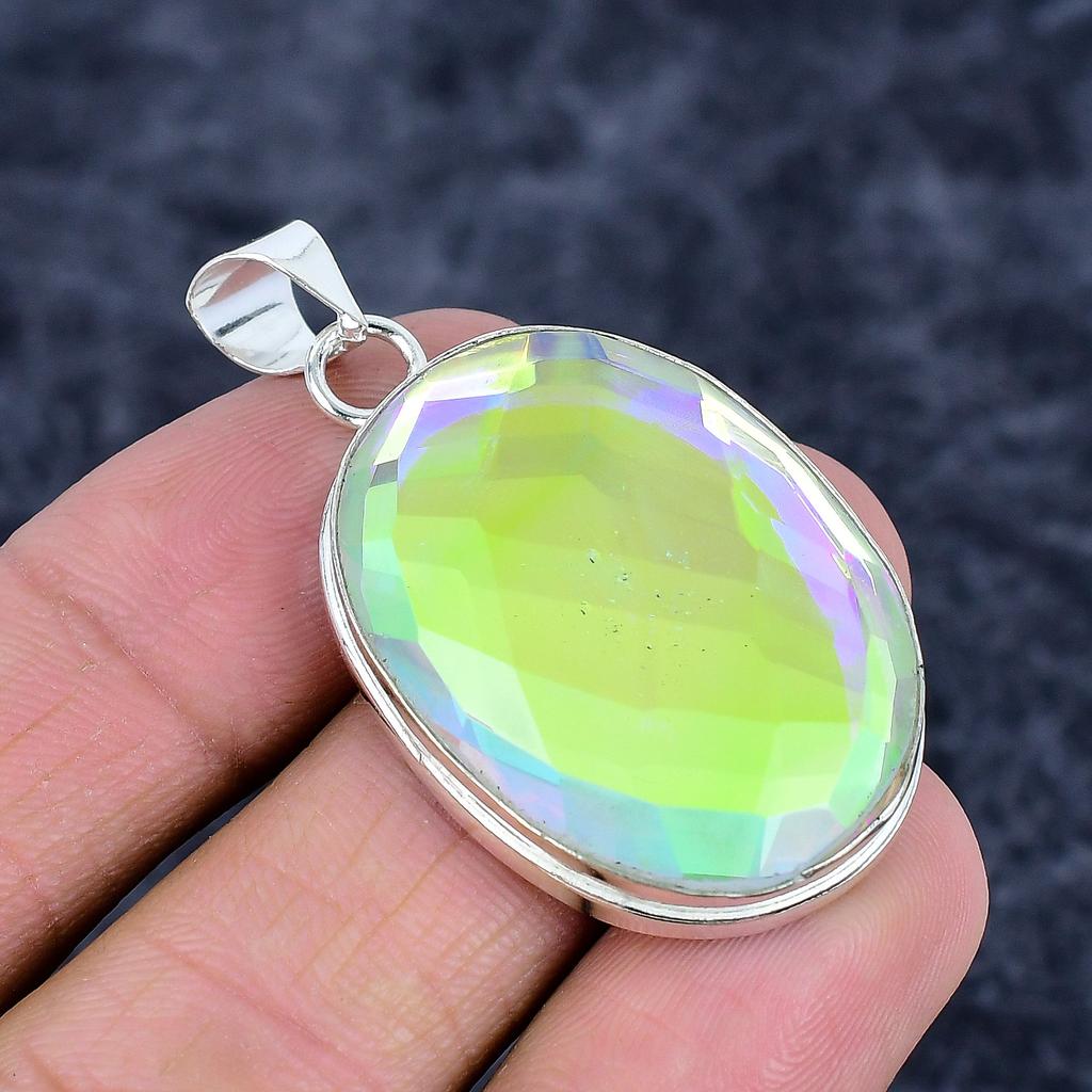 Mystic Glass Gemstone Handmade 925 Sterling Silver Jewelry Pendant 1.89" M-3250
