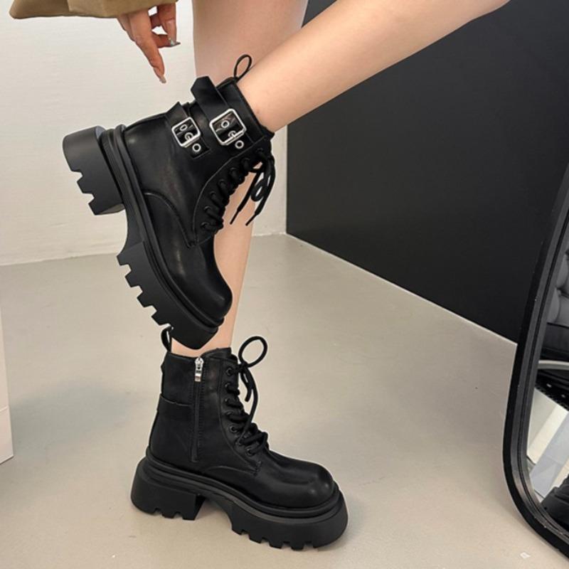 Platform Booties New Soft Sole Fall Winter Round Toe Side Zipper Metal Buckle Anti-slip Wear-resistant Block Heel Boots