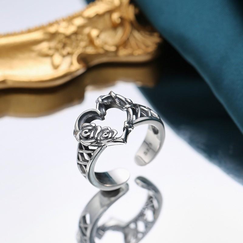 Adjustable Open Ring With Hollow Heart Rose Design Sterling Vintage Style Unisex Fashion Jewelry