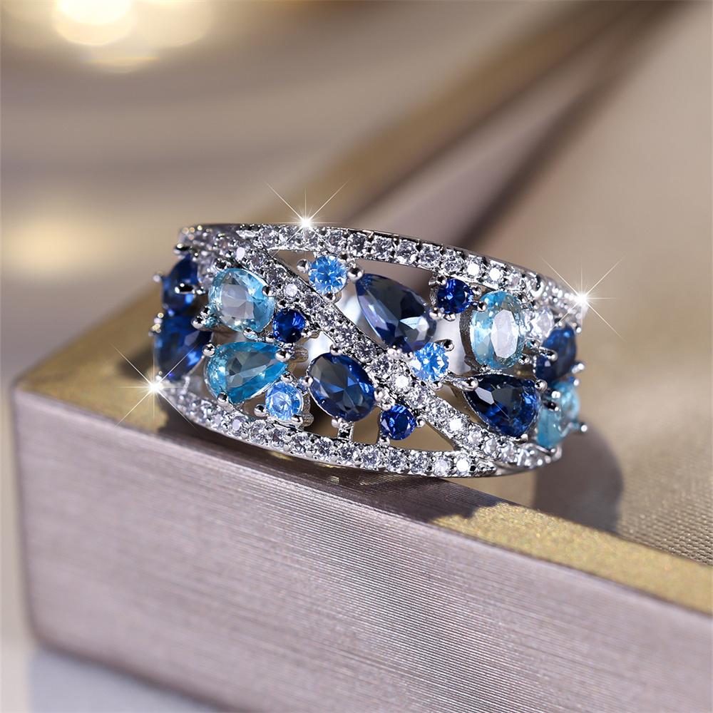Royal Blue Crystal Water Drop Stone Ring Simulated Aquamarine Engagement Rings For Women Vintage CopperColor Wedding Party Band