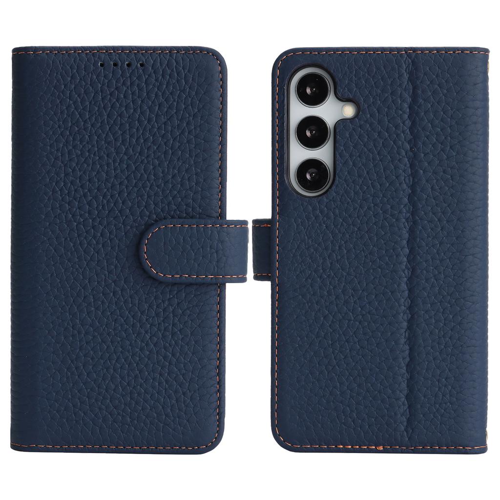 For Samsung Galaxy S25 Stand Case Litchi Texture Genuine Cow Leather Wallet Phone Cover RFID Blocking