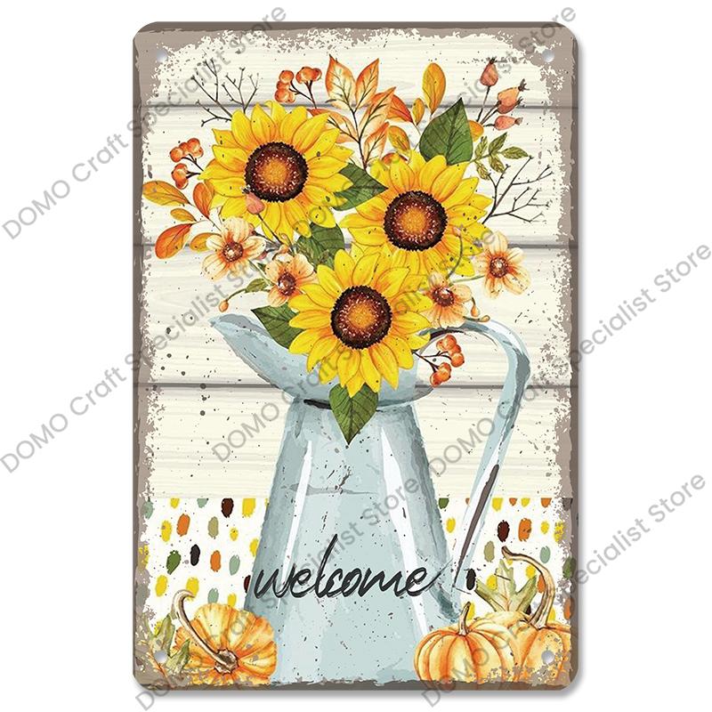 Welcome Poster Metal Plate Vintage Pumpkin Sunflower Bird Metal Tin Signs Wall Decor Garden Door Cafe Party