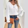 Women's V-Neck Long Sleeve Top with Decorative Buckle - Solid Color, Perfect for Spring & Summer Casual Wear.