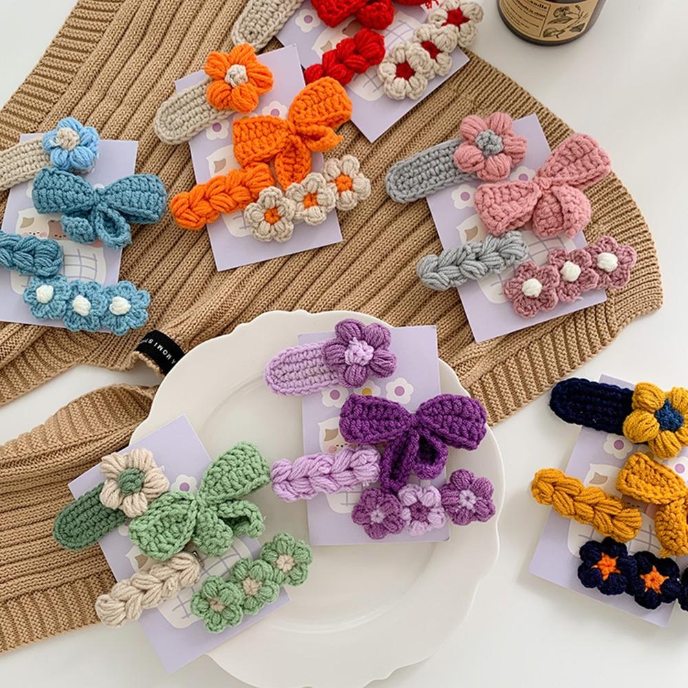 4Pcs Cute Knit BB Hair Clips, Handmade Flower Border Clips,Bow Bang Clips for Kids,Suitable for Chrismas Festival Celebration
