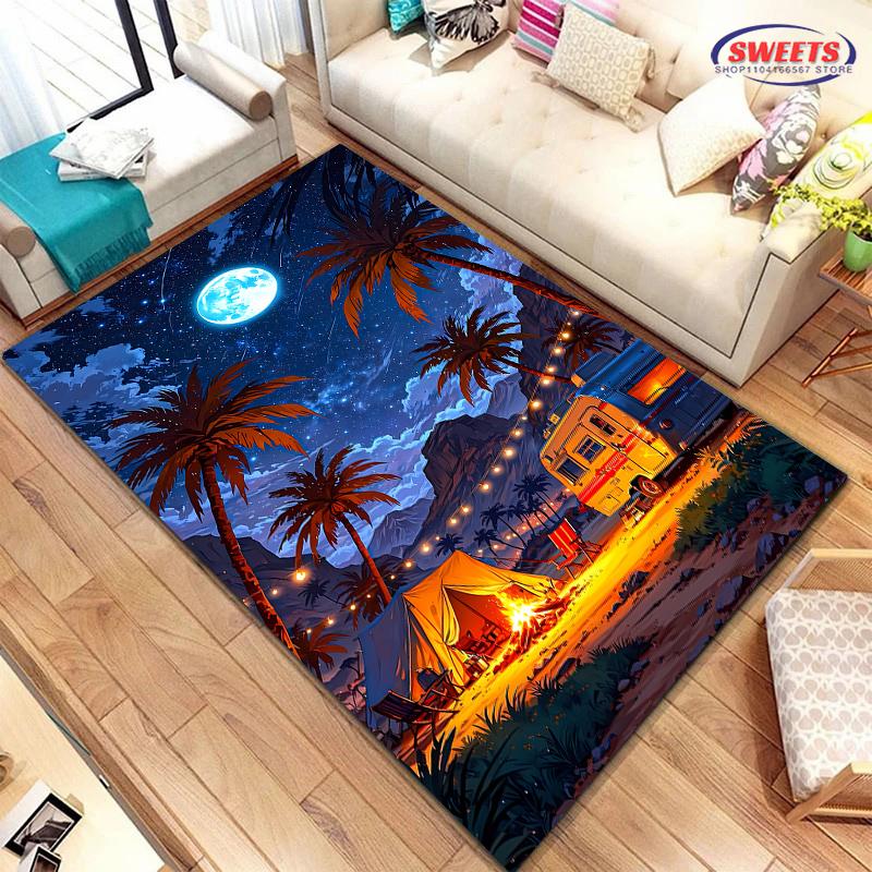 New Shelves! Outdoor Camping Theme Printed Carpet, Living Room Bedroom Office Children's Room Rug, Non-slip Machine Washable Mat