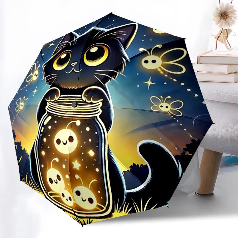 1pc Night Cat Compact Travel Leisure Umbrella, Auto Folding Lightweight Windproof 8-Bone Reinforced Design, Portable for Backpack Durable Ca