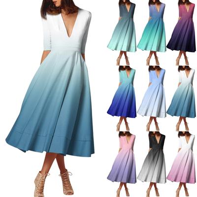Women's Fashion Mid Sleeve Mid Length Dress Gradient Print Sexy V Neck Dress