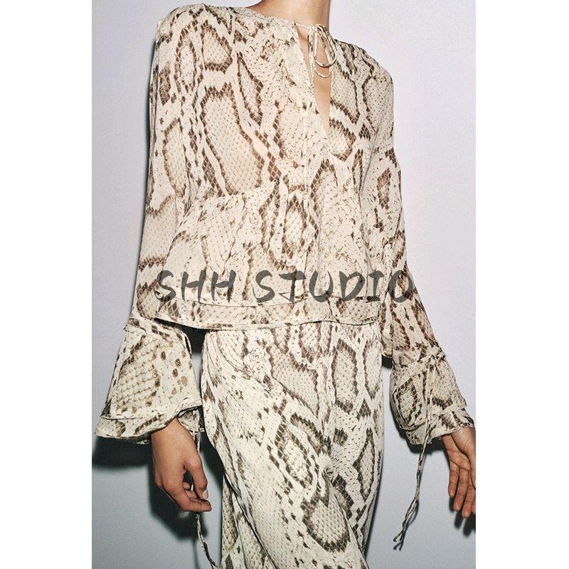 Round Neck Long Sleeves Animal Pattern Print Shirt 3716826 Mid-Waist Straight Translucent Pants 3660828