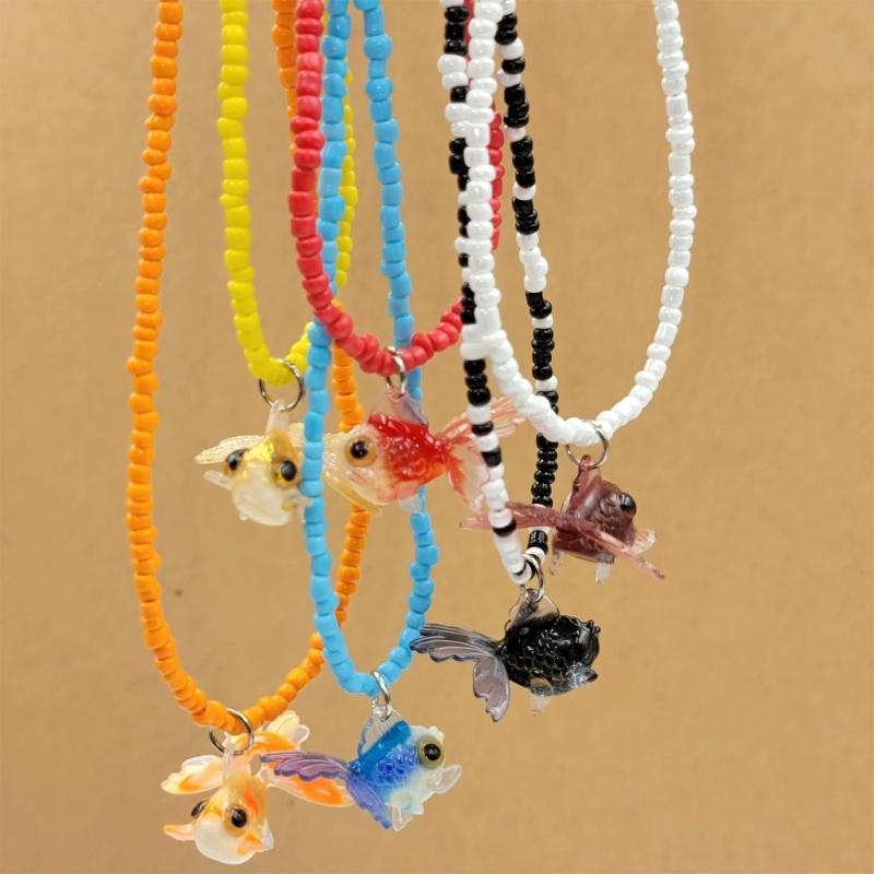 Y2K Resin Goldfish Pendant Necklace for Women Fashion Egirl Beaded Clavicle Chain Fashion Jewelry Valentines Day Gifts