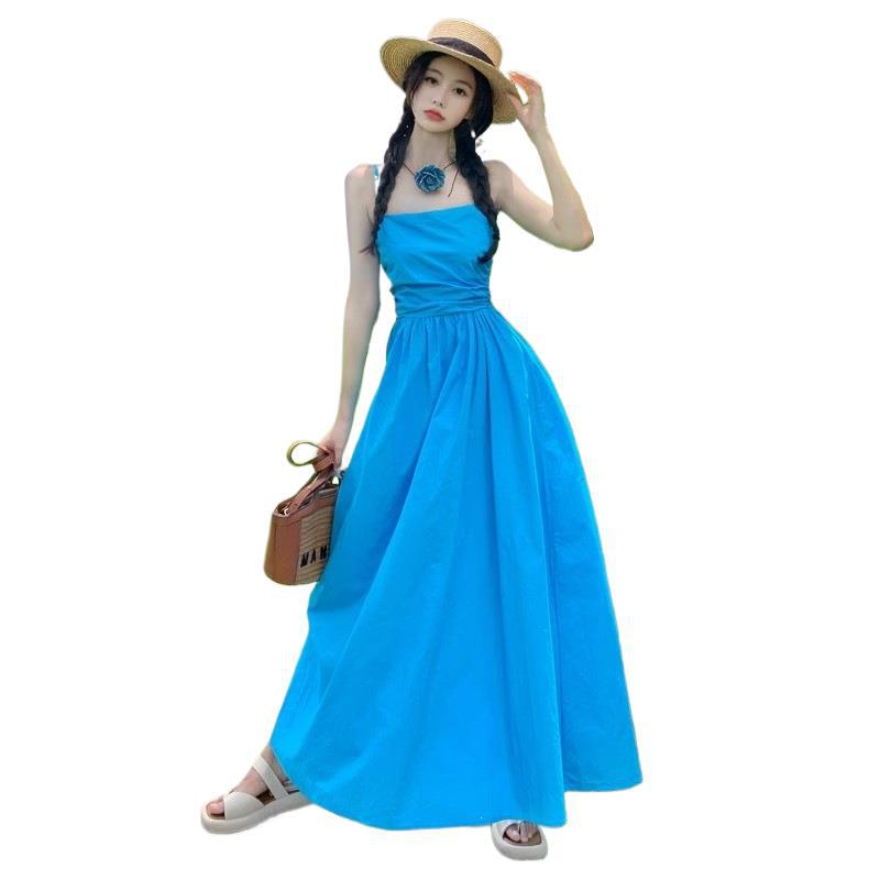 Holiday wind blue pleated suspender dress long dress women's holiday wind beach skirt waist long swing dress