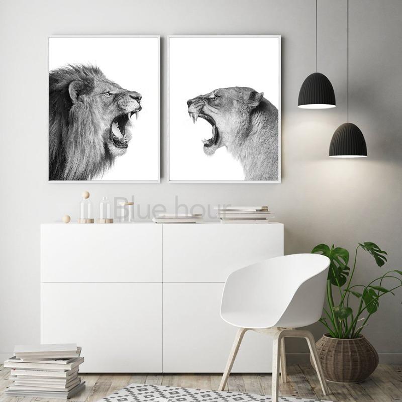 Lion and Lioness Animal Canvas Print Black White Abstract Watercolor Painting Poster Nursery Wall Art Pictures Living Room Decor