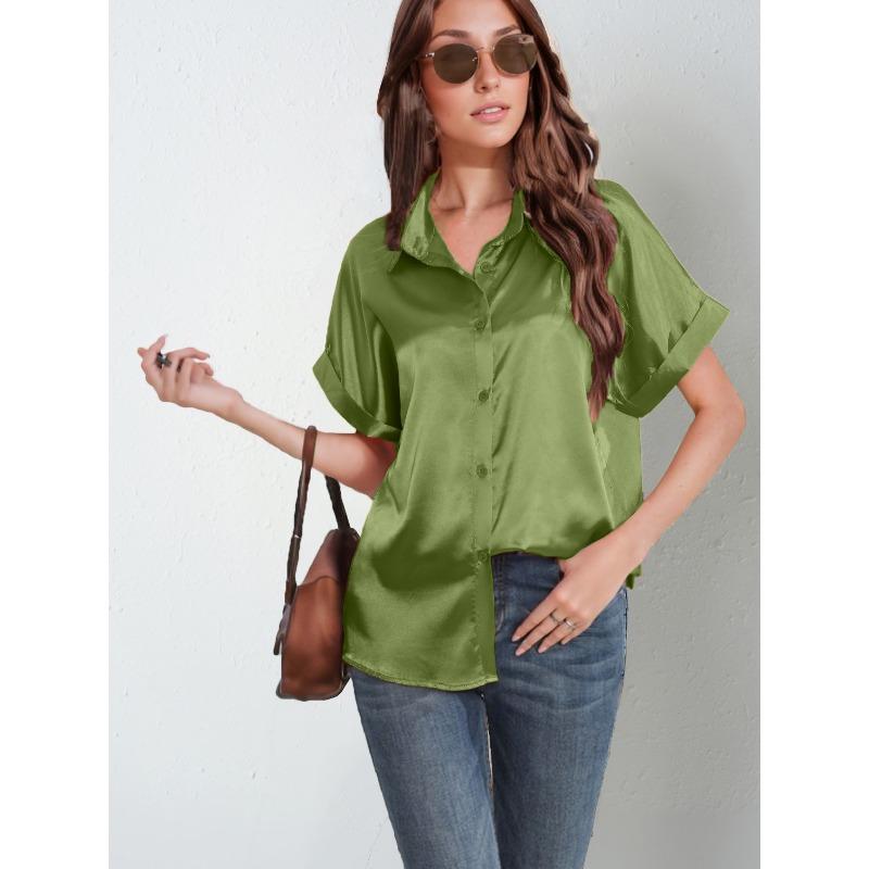 European American Denim Short-sleeved Satin Button-down Shirt Casual Loose Top for Women