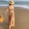 Floor Pants Drape Women's Summer Vacation Pants Beach Pants Orange High-waisted Split-ended Striped Wide-leg Pants