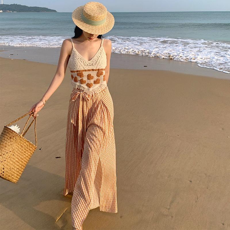 Floor Pants Drape Women's Summer Vacation Pants Beach Pants Orange High-waisted Split-ended Striped Wide-leg Pants