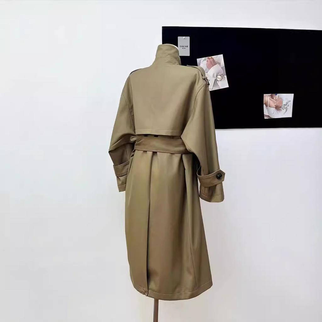 Vår Höst Oversized Khaki Lång Grå Trenchcoat för Kvinnor Dubbelknäppt Lös Casual Koreansk Mode Överrock