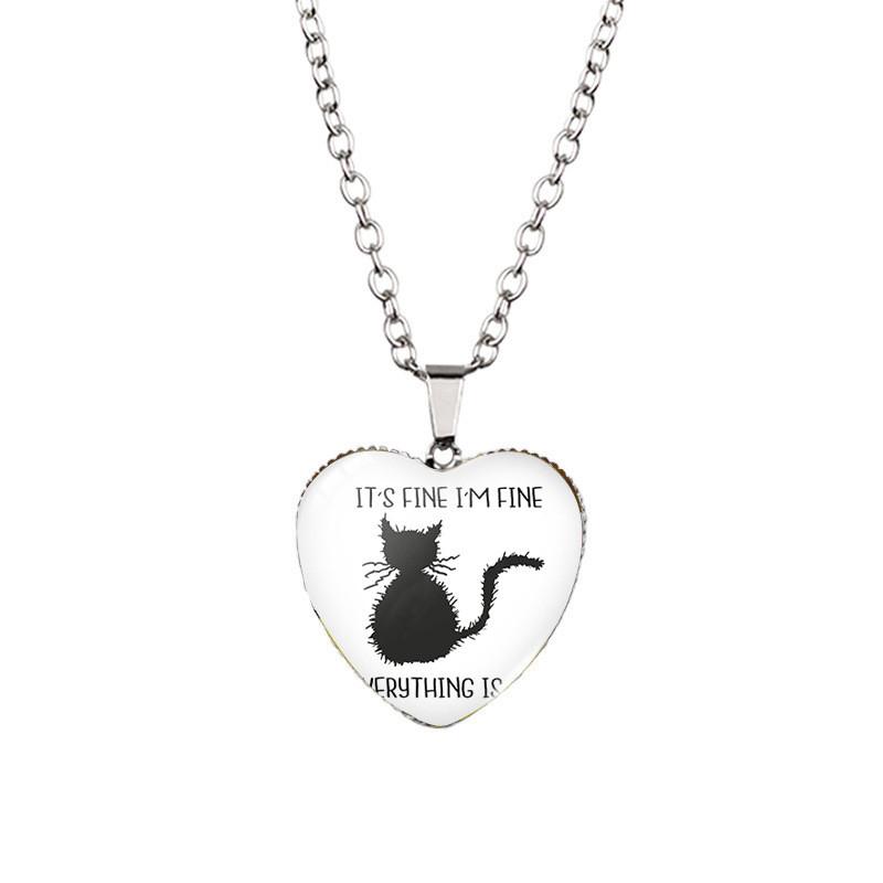 I'm Fine Everything Is Fine Heart Shaped Pendant Necklace Vintage Black Cat Design Fashionable Jewelry For All Genders