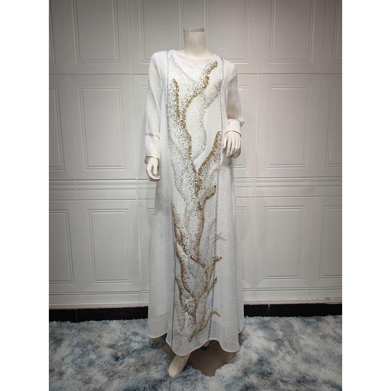 Dubai Arabic Turkish White Mesh Sequin Embroider Gown Dress Saudi Elegant Robe Dress