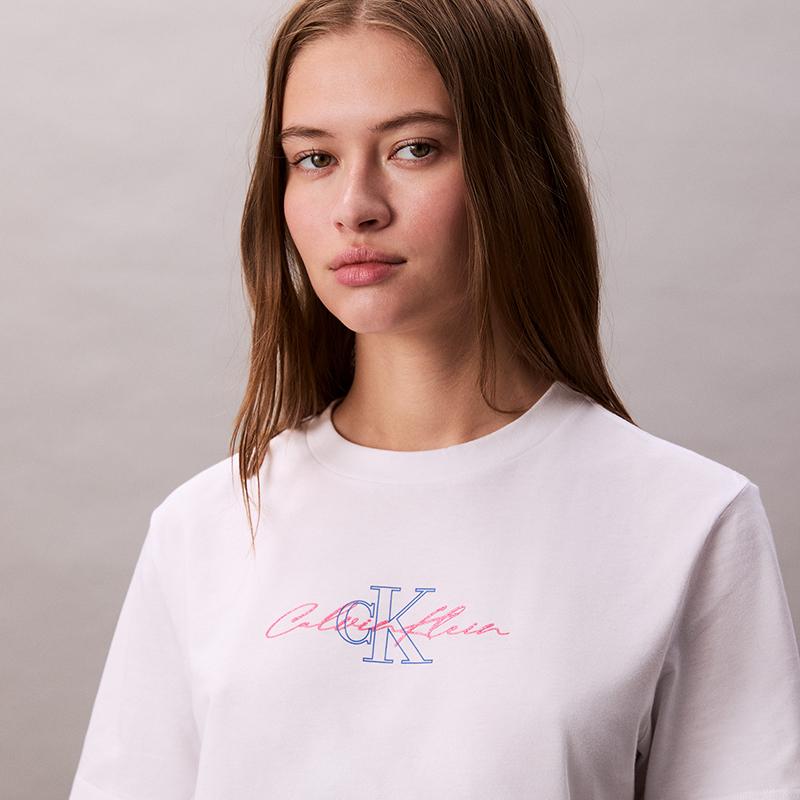Calvin Klein Casual Commuting Letter Short Sleeve T-Shirt Women Tops Moonlight-White 47C840G-1