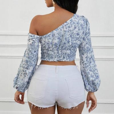 Women's Short Blue Floral Pleated Asymmetrical Shoulder Bubble Sleeve Shirt Autumn Women's Clothing