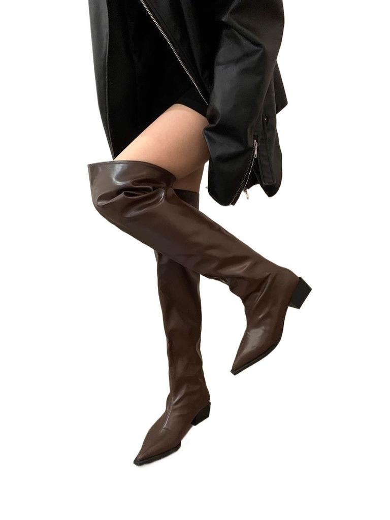 Thick Heel Black Over Knee Pile Long Boots Women's Shoes 2025 New Autumn and Winter Pointed Skinny Knight Boots