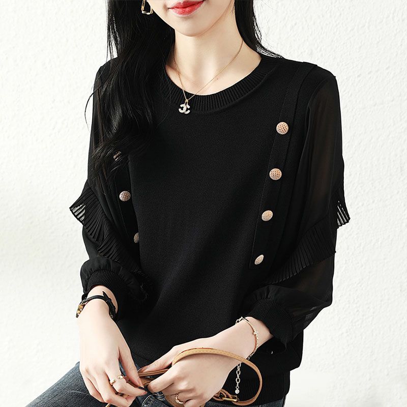 Korean Gauze Patchwork Blouse 3/4 Sleeve Women's Clothing Commute Solid Color O-Neck Spring Autumn Button Basic Knitted Shirt