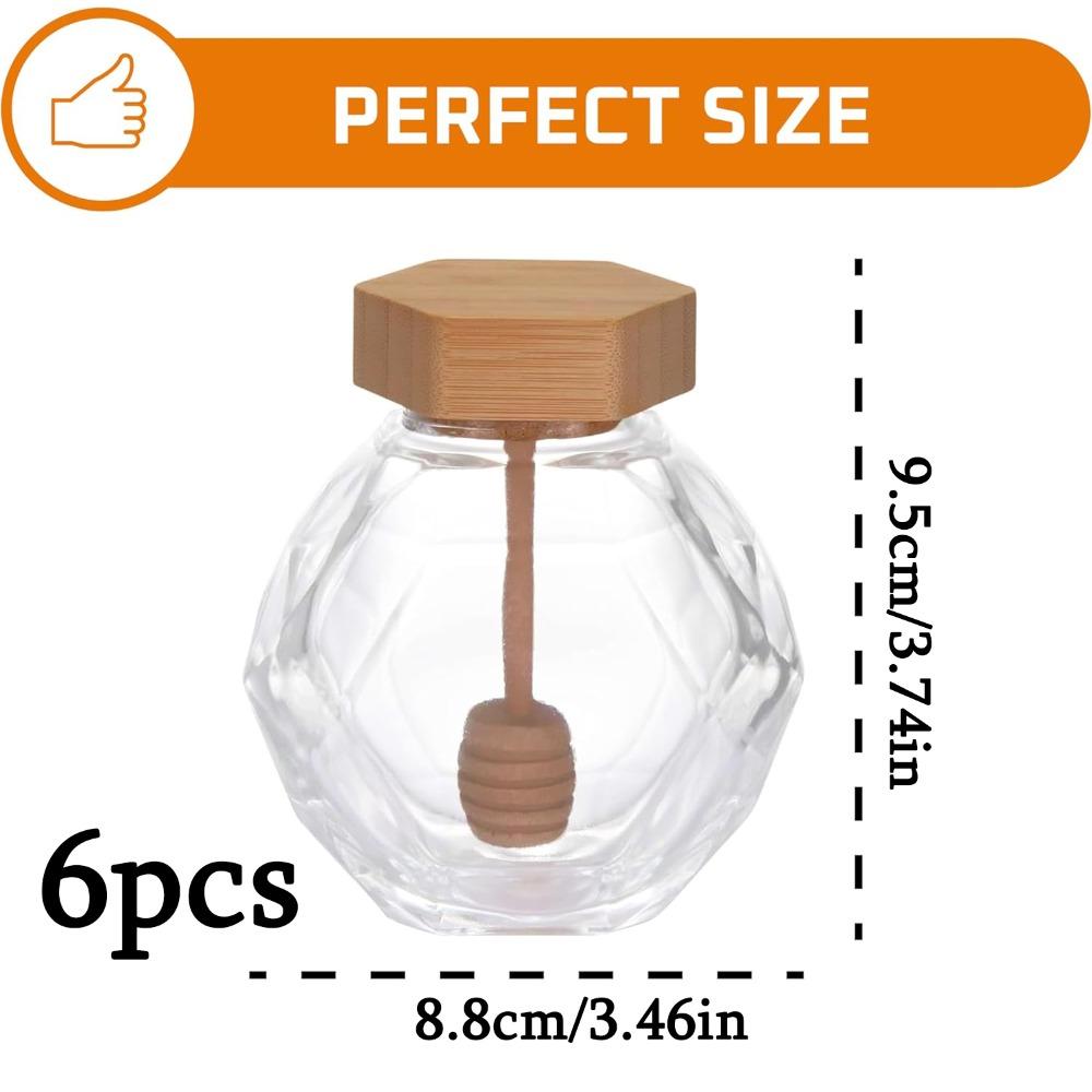 6 шт. Стеклянный горшочек для меда Контейнер Маленький горшочек для меда с набором медогонок Диспенсер Премиум-качества Стеклянный декантер для меда Стеклянный с деревянной спиральной медогонкой и крышкой 6pcs