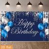 2D Navy Blue Silver Glitter Happy Birthday Backdrop with Crystal Curtain & Balloons