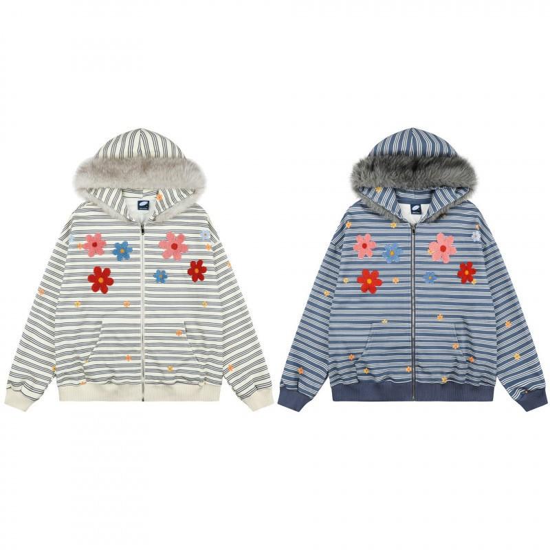 Unisex Retro Floral Stripe Hooded Zip-Up Sweatshirt Oversized Streetwear Pullover Youth