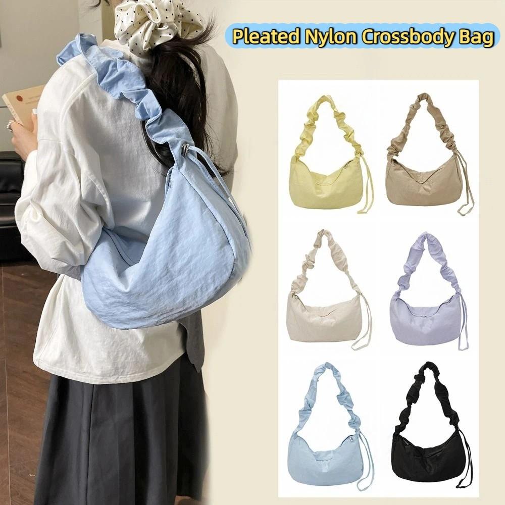 Solid Color Nylon Crossbody Bag Korean Style Canvas Dumpling Bag Pleated Shoulder Bag Streetwear