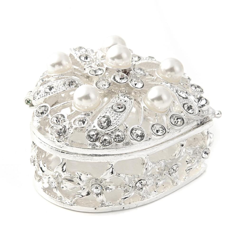 Silver-Plated Heart-Shaped Jewelry Box with Diamonds & Pearls