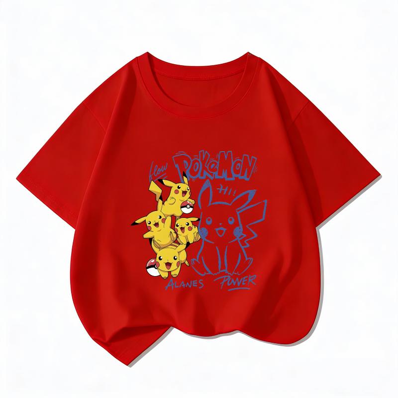 Potdemiel Kids Cotton Tshirt Cute Pikachu Print Summer Short Sleeve Tee Boys Girls Breathable Casual Crew Neck Tops