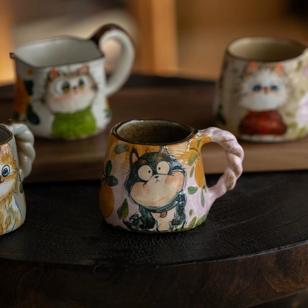 Cute Cat Ceramic Mug,Vintage Hand-Painted Ceramic Mug, Retro Floral Coffee Cup, Handmade Art Teacup for Home Office