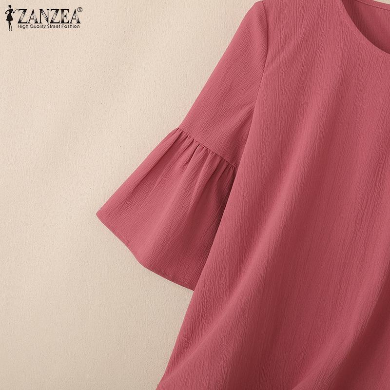ZANZEA Women Casual Round Neck Loose 3/4 Sleeve Solid Blouse