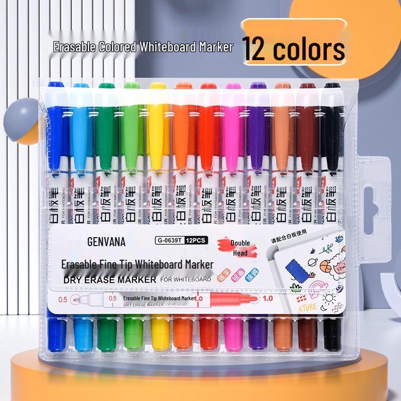 Jin Wannian 12-Color Double-Ended Erasable Markers for Children s Drawing Board, 0.5/1.0mm Fine Tip
