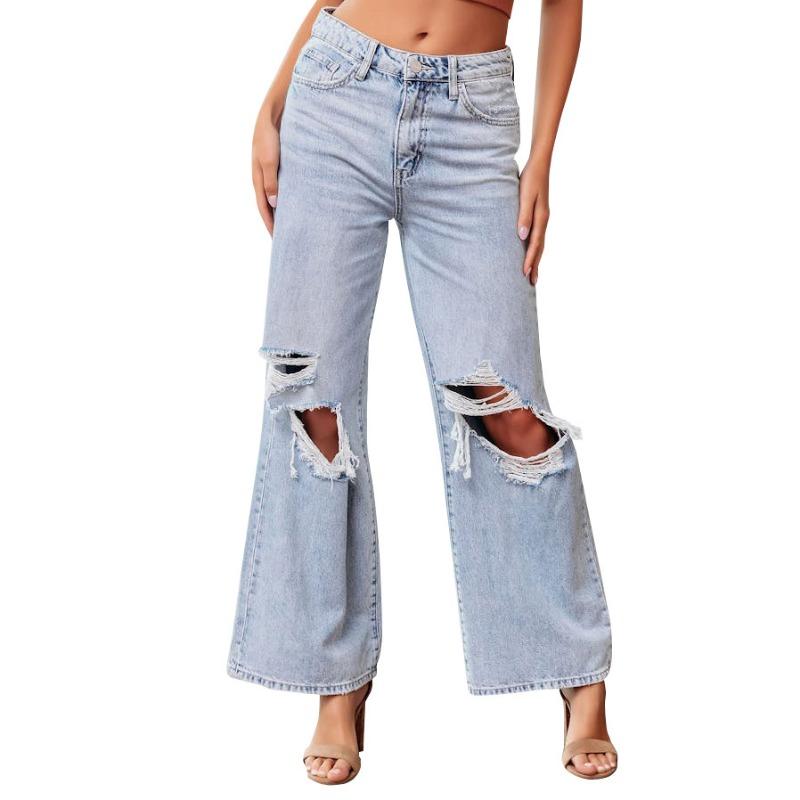 Knee ripped jeans women's high-waisted long wide-leg pants light-colored washed casual pants
