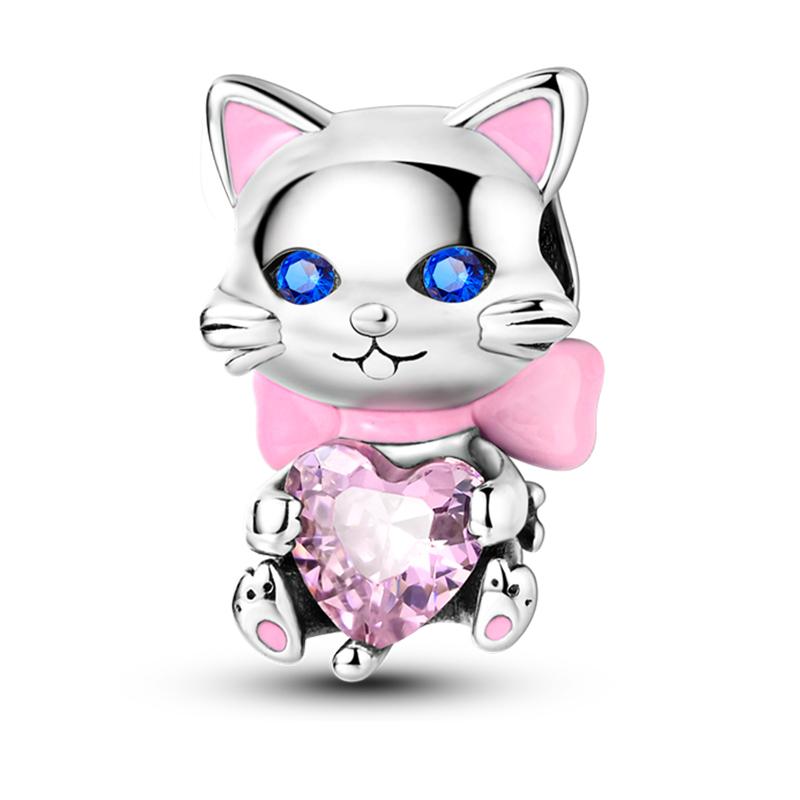 925 Silver Color Pink Rabbit Sheep Cat Dog Animal Charms Beads Fit 3mm 925 Bracelets Fine DIY Birthday Jewelry Make