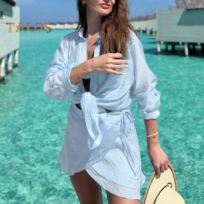 Strandöverdrag Set Långärmad Genomskinlig Skjorta & Klänning Casual 2-delad Outfit för Simning Solskydd