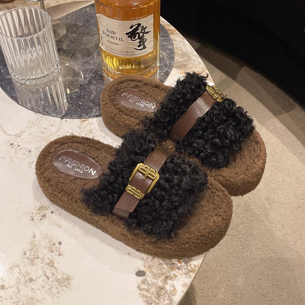 Lamb wool thick-soled fluffy slippers outer wear 2025 autumn and winter new one-word belt buckle home plush cotton slippers women