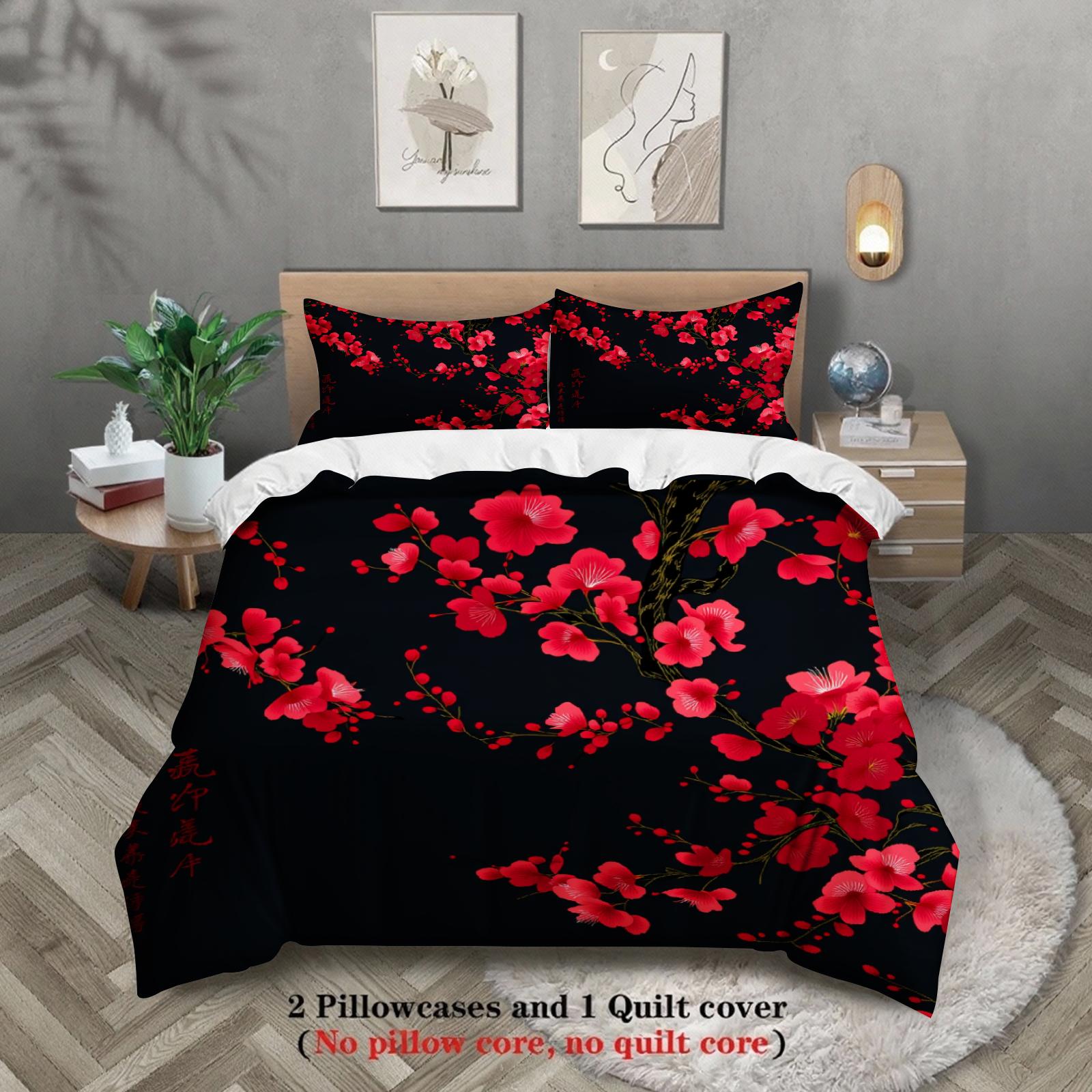 

3pcs Floral Bedding Sets 3D Printed Red Plum Blossom Duvet Cover Sets With Pillowcases No Filling Single Twin Queen King Size 135x200cm