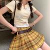 Plus Size Yellow Plaid High Waist A-Line Mini Skirt for Women - Sweet & Spicy Autumn Pleated Skirt