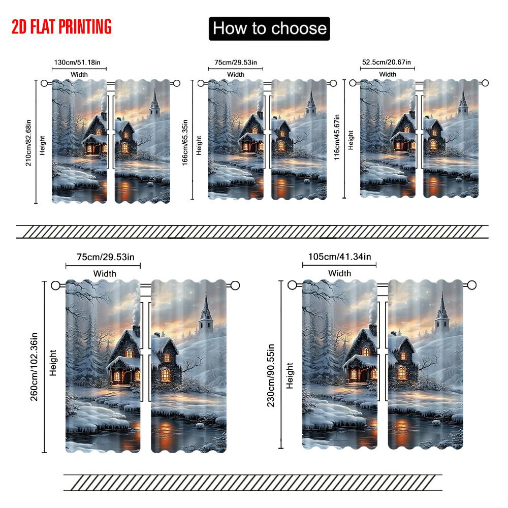 2pcs   plane printing Popular Curtains Snowy Forest Cabin Scenery Durable 100% Polyester Fabric (without rod) Versatile All Use