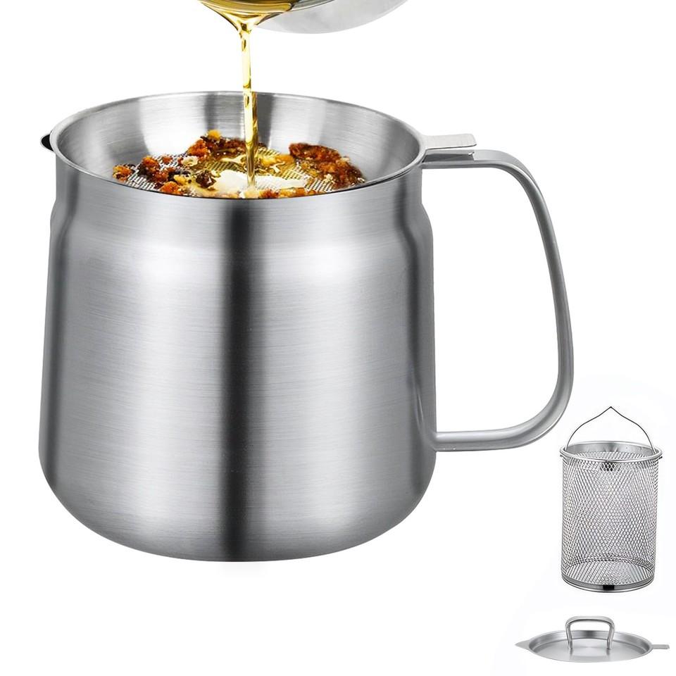 1.5L/2L Oil Filter Pot with Strainer and Frying Basket 304 Stainless Steel Oil