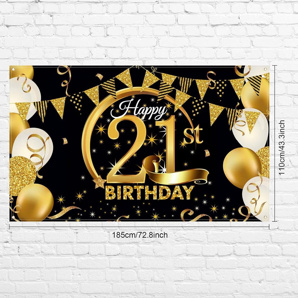 Birthday Party Decoration Extra Large Fabric Black Gold Sign Poster for Anniversary Photo Booth Backdrop Background Banner, Birthday Party Supplies,