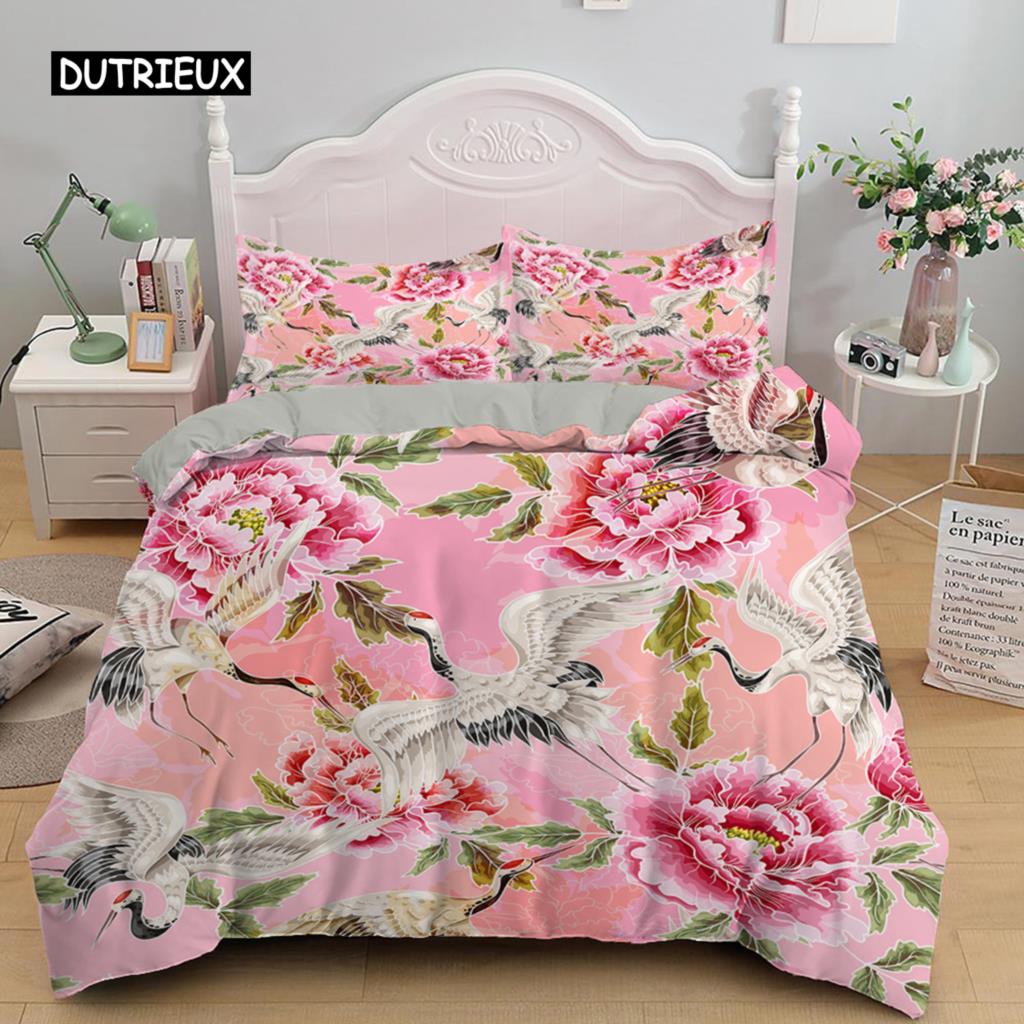 Kranich-Druck Bettwäscheset Luxuriöser Bettbezug Queen-Size Bettdeckenbezugsets für Kinder Teenager Schlafzimmerdeko Mikrofaser Steppdeckenbezug