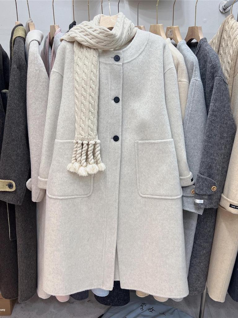 2025 Autumn/Winter Korean Style Mid-Length Double-Sided Cashmere Wool Coat with Scarf