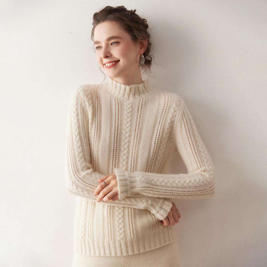 Chic Sequin Stand Collar Cashmere Sweater - Women's Soft Fluffy Knitwear for Autumn/Winter