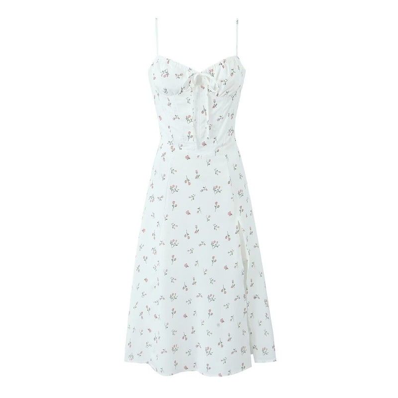 

Versailles French Fishbone Waist Trimming Spaghetti Straps Floral Skirt White Low Floral Dress S
