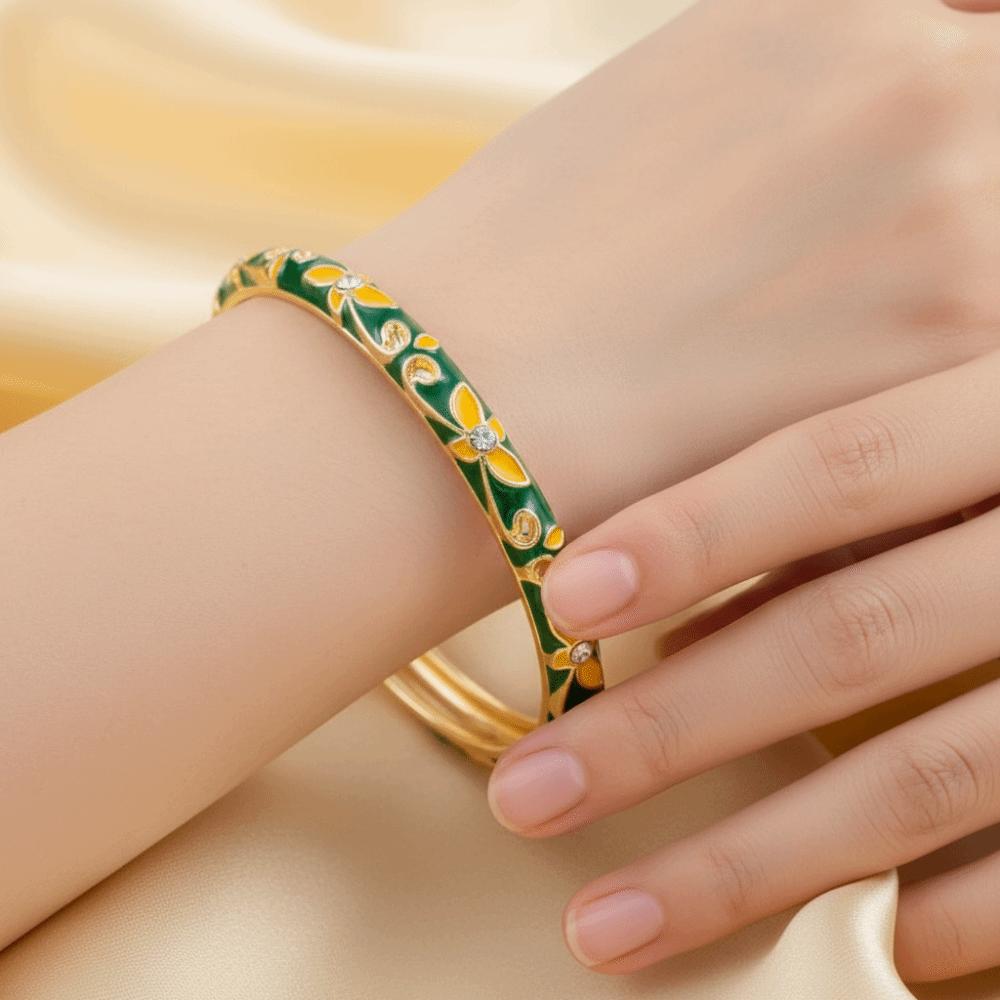 Exquisite Painting Enamel Flower Bangle Lightweight Metal Rhinestone Thin Bracelet Beach Vacation