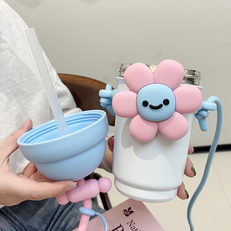 700Ml Cartoon Vacuum Flasks Straw Thermos Cup Female 316 Stainless Steel Milk Tea Cup High Value with Rope Flower Water Cup Gift